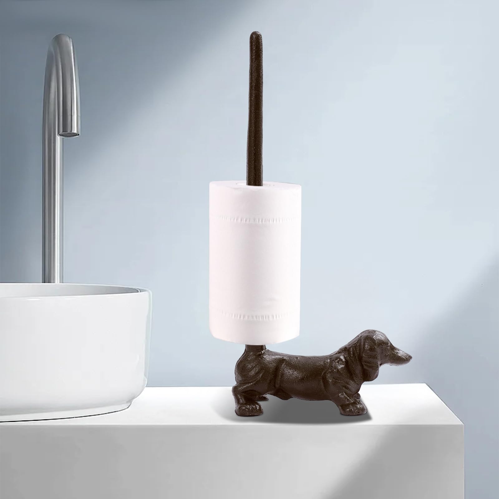 Fridgestea Black Toilet Paper Holder - Dachshund Dog Design - Toilet Roll Holder Cast Iron Freestanding Stand - 14.5X7.5x31cm - Loo Roll Holder For Bathroom & Kitchen Decor