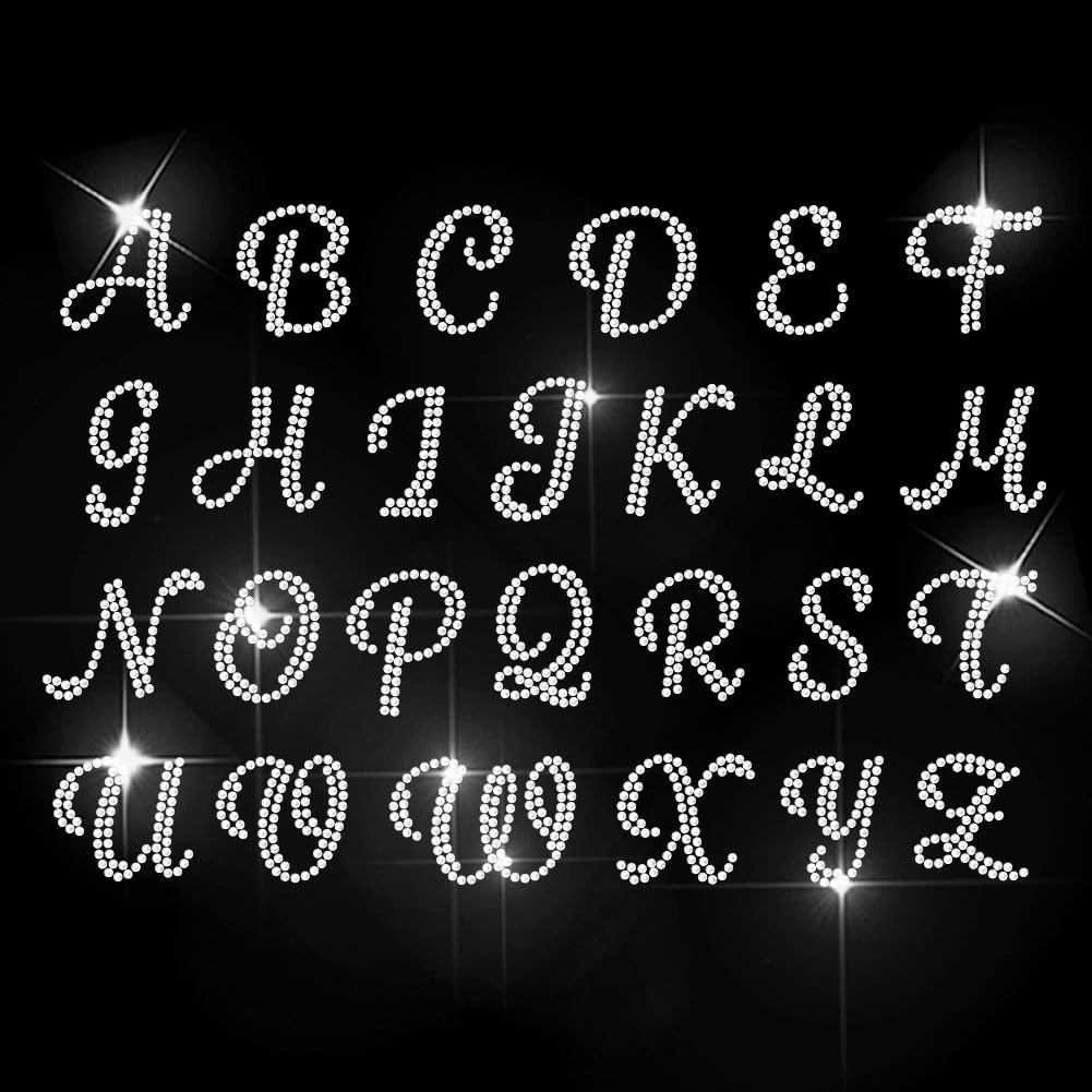 MAYJOYDIY Letters A-Z Rhinestone Iron on Decal Handwritten Alphabet Hotfix Transfer Sticker Uppercase Letters Heat Transfer Applique for Clothing Repair T-Shirt Jacket Garment Bag DIY Decor