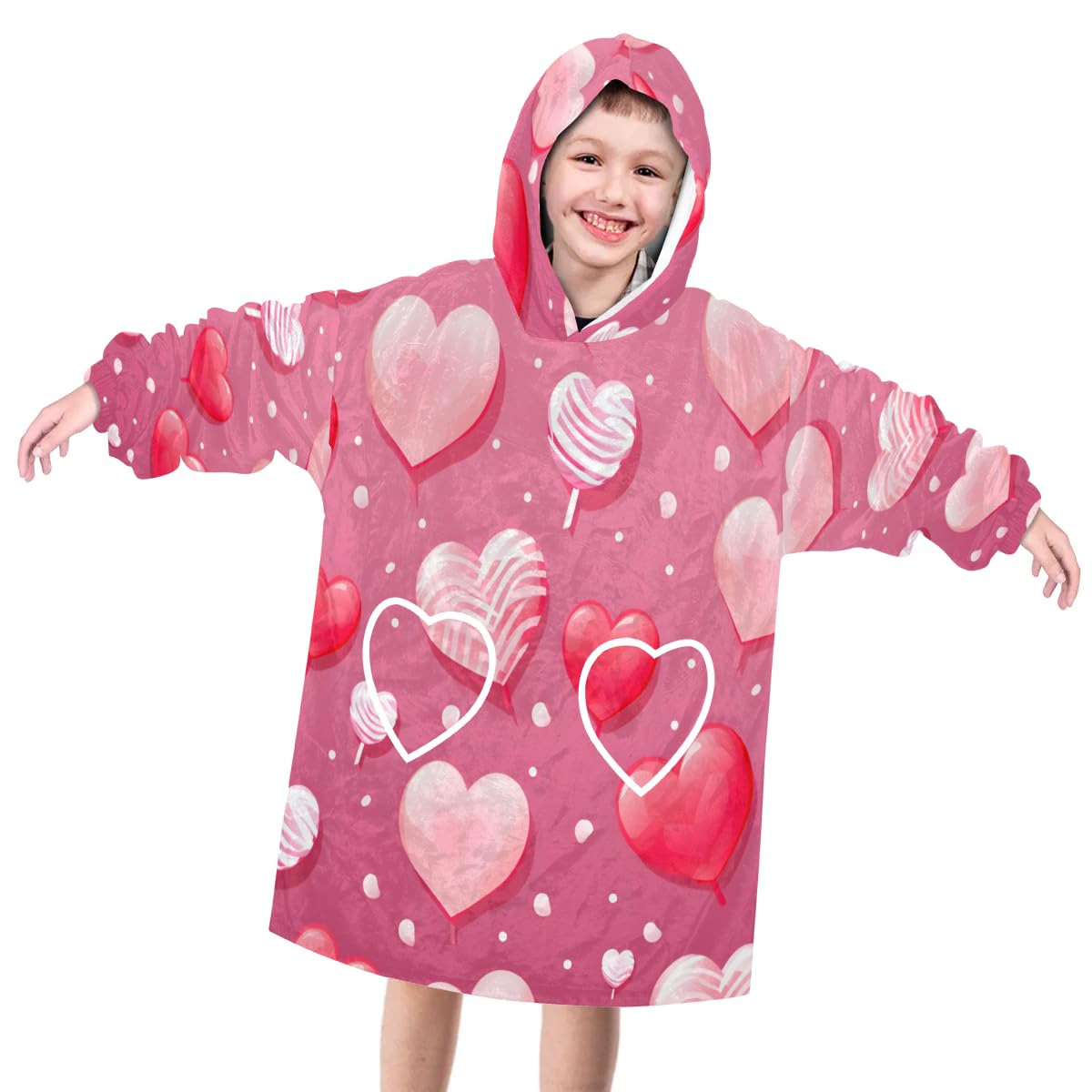 Pardick Wearable Blanket Hoodie for Kids, Red Pink Heart Fleece Sweatshirt Blanket Oversized Blanket Sweatshirt with Pocket Flannel Warm Hooded Blanket 6-10 Year Old Girl Boy Gift, One Size