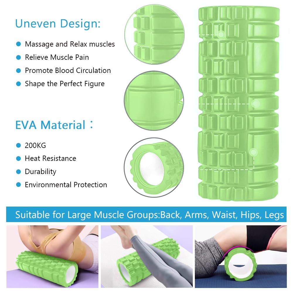 Rullo Massaggio Muscolare, Qveetry 6 in 1 Foam Roller Rullo in Schiuma Pallina Massaggiante Bastone Massaggio bande di resistenza per Stretching Yoga Pilates Rilascio Miofasciale