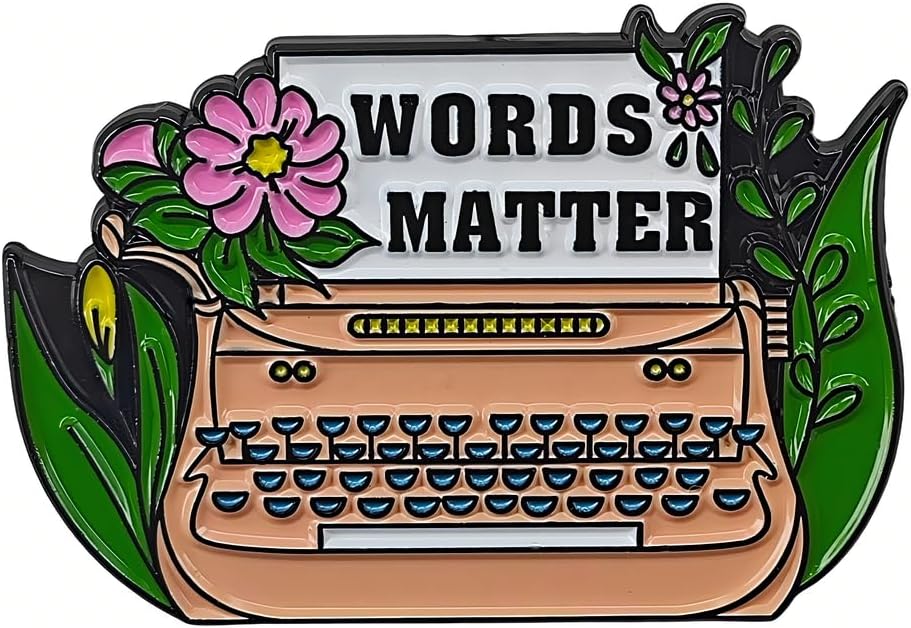 Words Matter Enamel Pin, Pink Vintage Typewriter Floral Lapel Pin, Inspirational Quote Flower Brooch Badge, Decorative Pin for Backpack Jacket Hat, Writer Reading Lover Gift for Teacher Author
