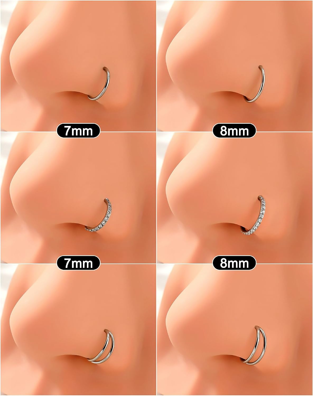 316L Stainless Steel Nose Ring Set – 3PCS Nose Hoops with Cubic Zirconia, 20G/18G, Silver/Black/Gold, 7mm/8mm Sizes, Seamless & Hinged Design for Sensitive Skin Jewelry