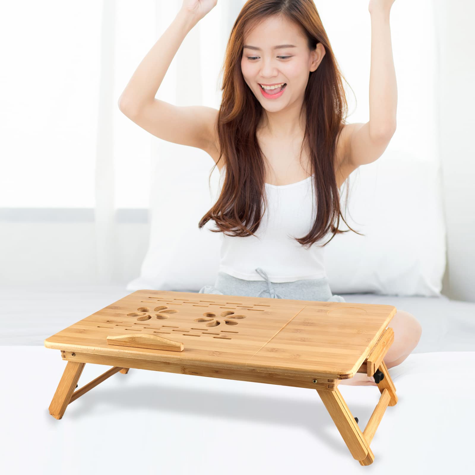 Supfine Table de Lit Pliable, Petite Table en Bambou pour Ordinateur Portable, Plateau Réglable avec 3 Angles d'Inclinaison Réglables, Plateau pour Petit Déjeuner, Petit Tiroir (Fleur, 66x35x30cm)