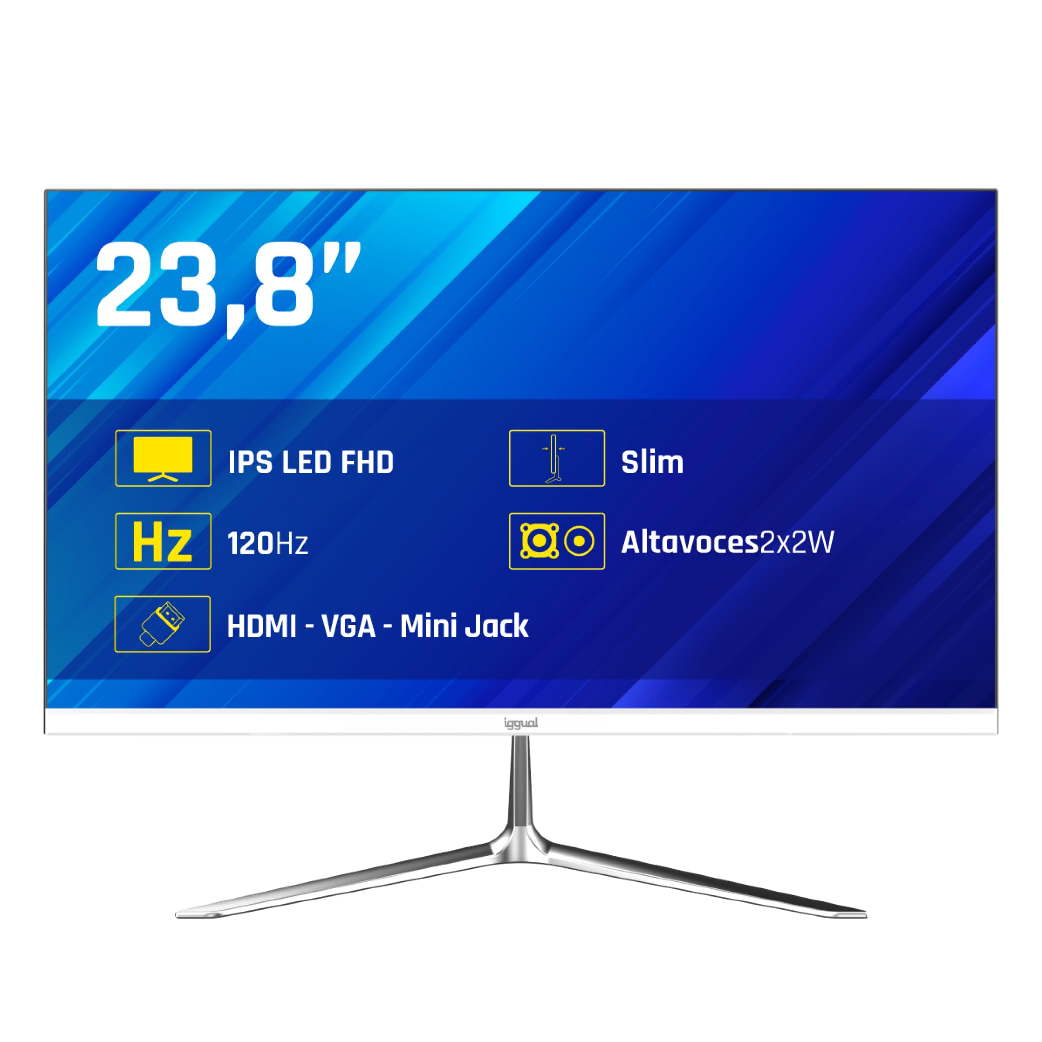 iggual Professional Monitor 23.8" with Integrated Speakers- IPS Panel(1920x1080)@120Hz (FHD)-Response 1ms- Frameless Display 99% sRGB-Connections: VGA and HDMI-Flicker Free-Compatible VESA -White