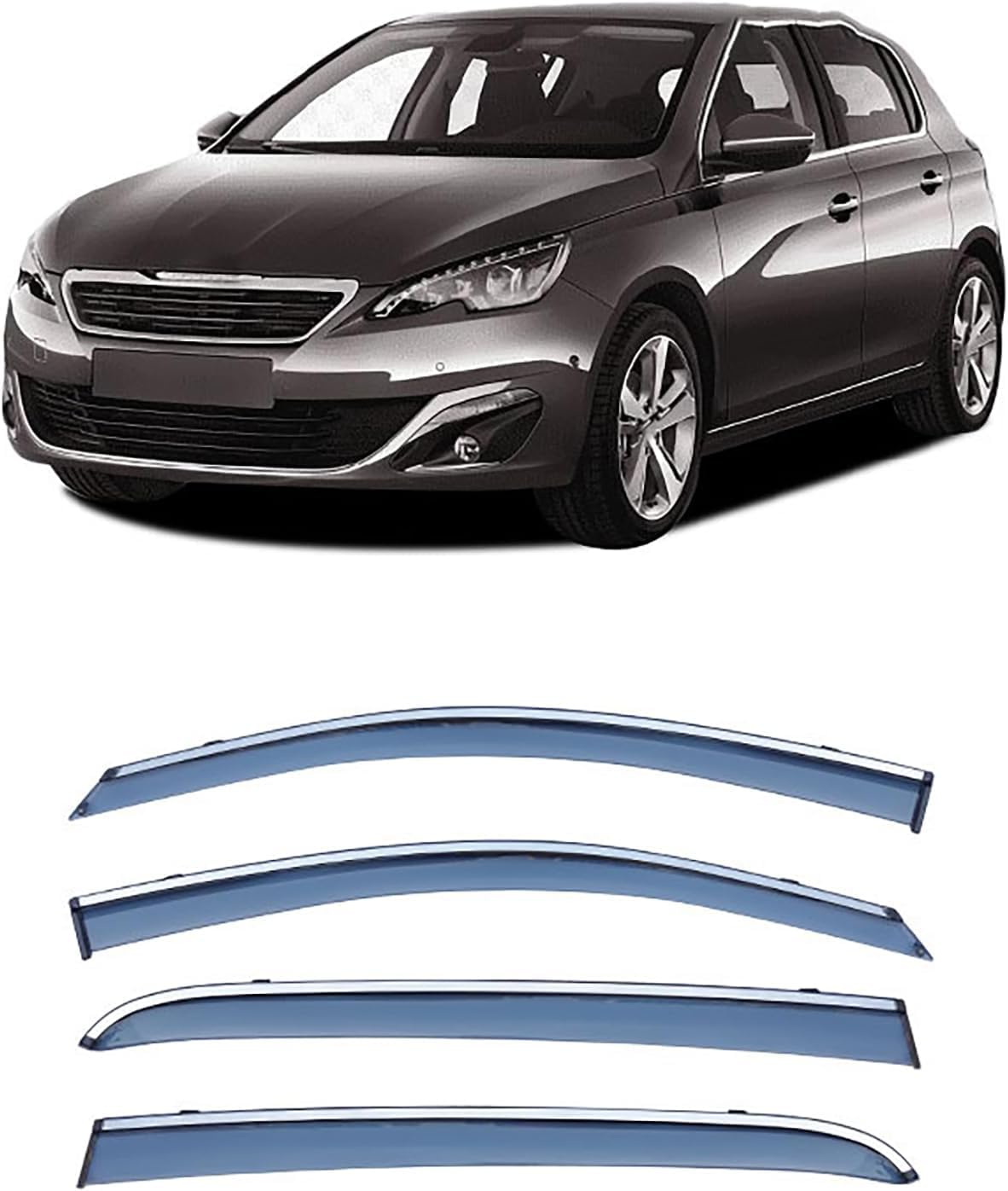 FengXH Window Deflectors for Peugeot 308S Hatchback MK2-T9 2014-2020 - 4pc Smoke Tint, Waterproof, Noise Reducing.