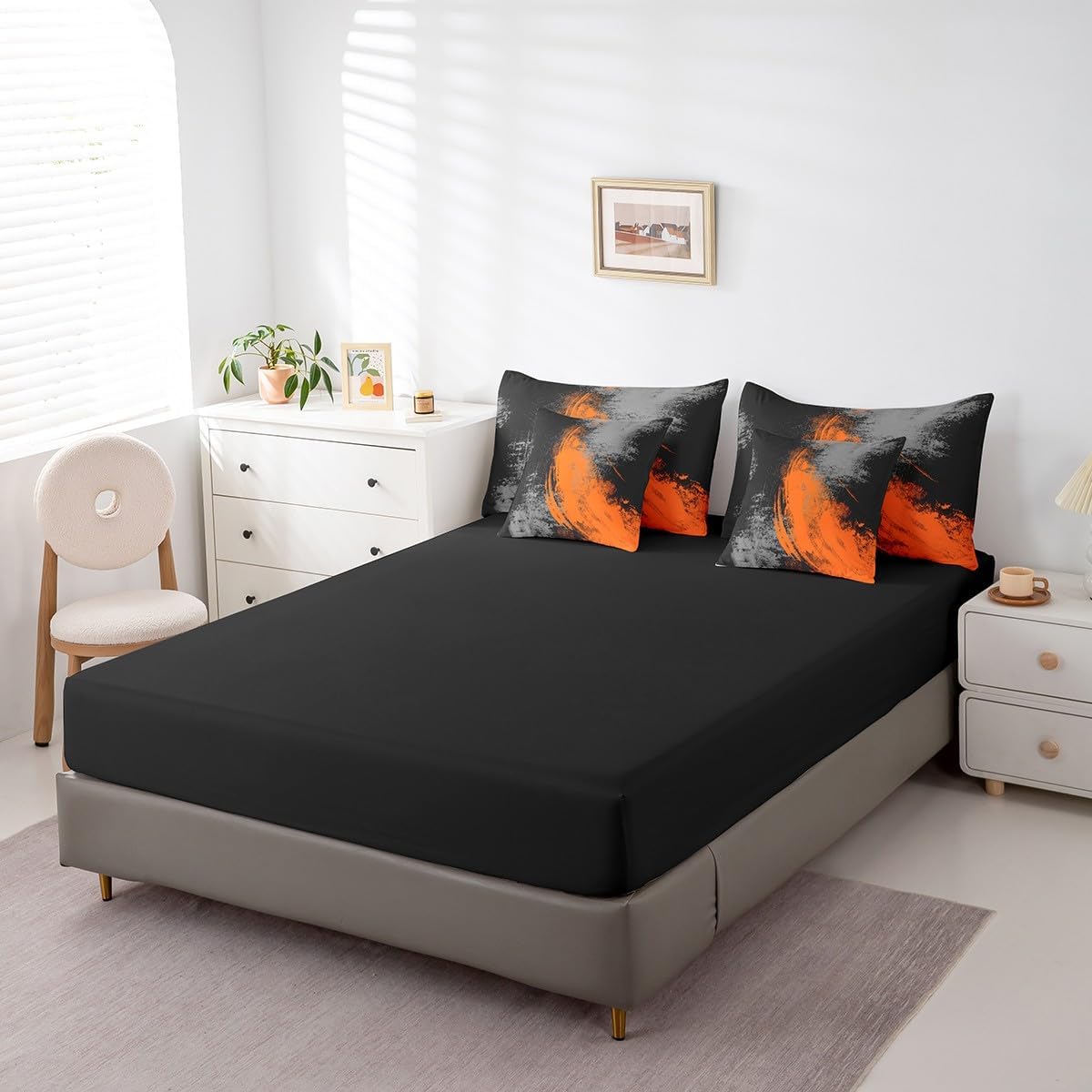 Feelyou Ombre Orange Black 7 Piece Bedding Set Queen Size Kids Abstract Bed Set Includes Comforter, Sheet Set, Pillowcases & Pillow Covers Geometric 7 Piece Bedding Set Modern Art Luxury