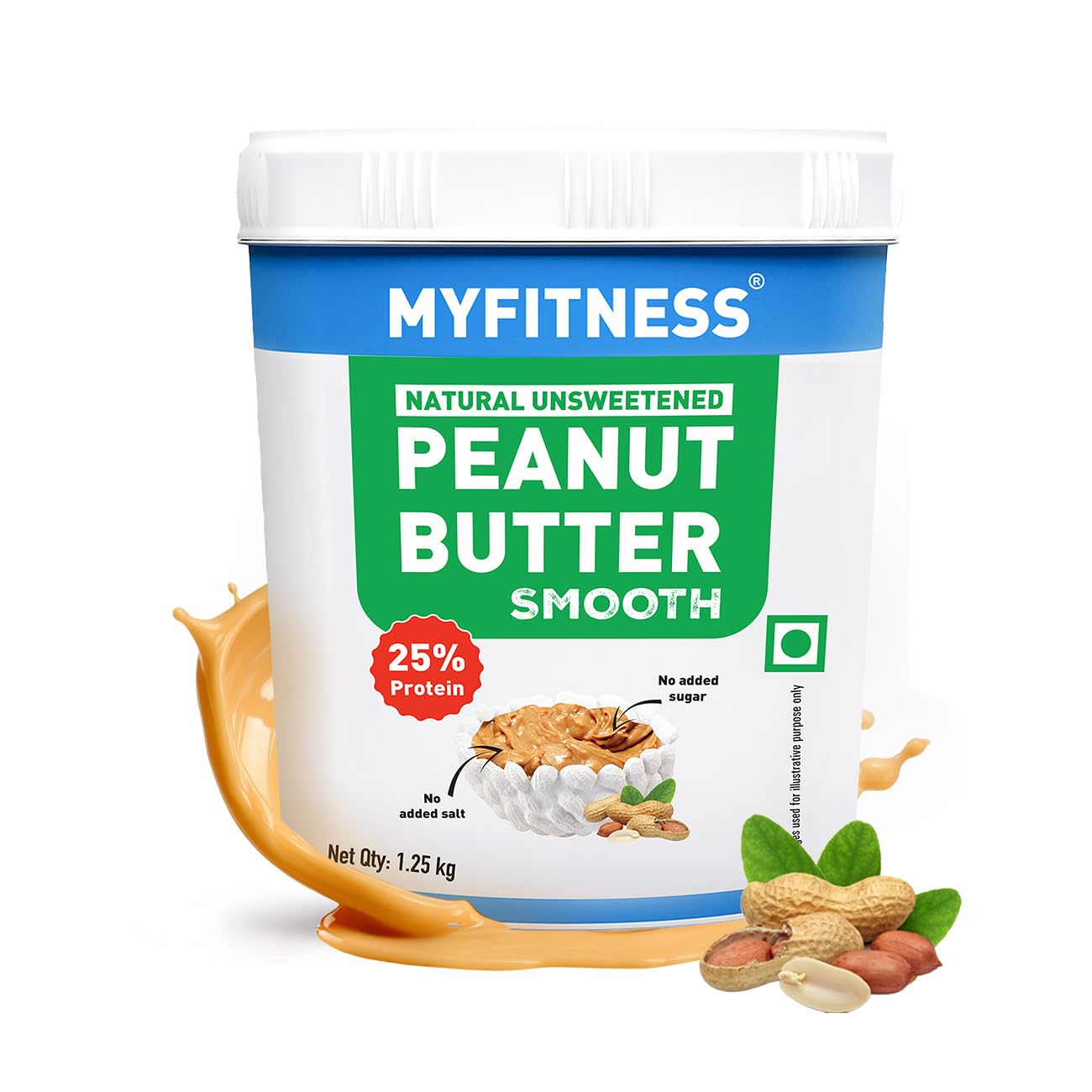 MYFITNESS Peanut Butter All Natural Smooth 1.25kg | 25g Protein | Unsweetened | No Added Sugar or Salt | No Palm Oil | Nut Butter Spread for Pre & Post-Workout | Cholesterol Free | Zero Trans Fat
