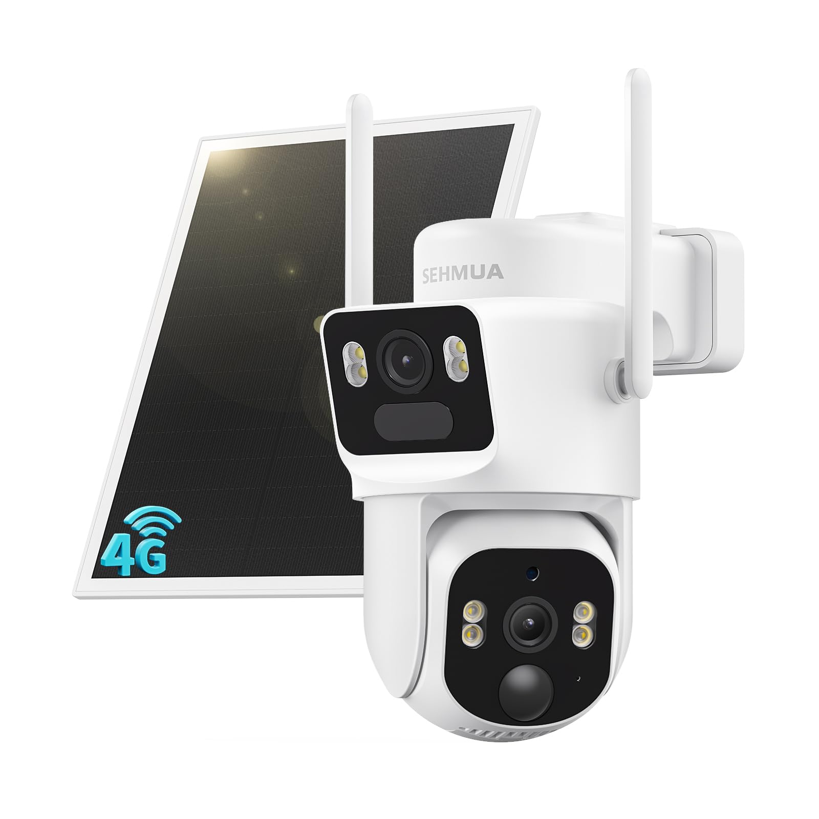 SEHMUA Cámara 4G Exterior Solar con Tarjeta Sim（Doble Lente） 2K+2K | Cámara de Vigilancia Inalámbrica con Detección Humana por IA, Alarma de Luz y Sonido, Visión Nocturna a Color, PTZ 360°, IP65