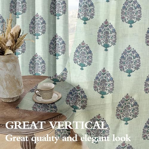 Image of Cortina Linen Printed Sheer Curtain Set of 2 Eyelet Ring Hanging, Floral Printed Curtains Non Blackout Light Filtering Curtains (Green, 5FT)