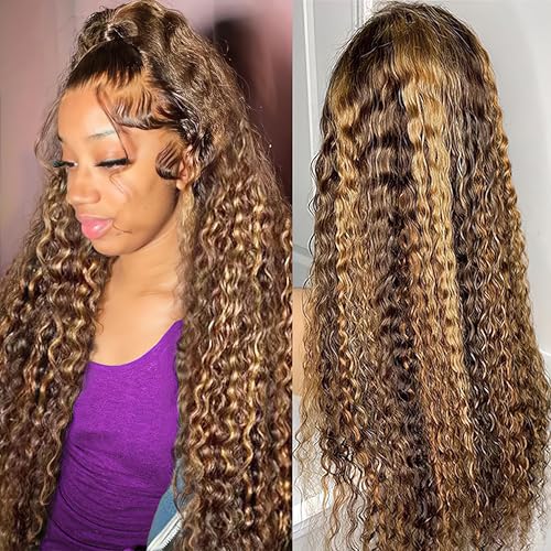 Image of LAINSS P4 /27 Highlight Deep Wave Wig Human Hair 13X6 Highlight Lace Front Wig Human Hair 210% Density Ombre Curly HD Transparent Lace Frontal Wigs Human Hair Wet and Wavy Wig Pre Plucked 22 Inch