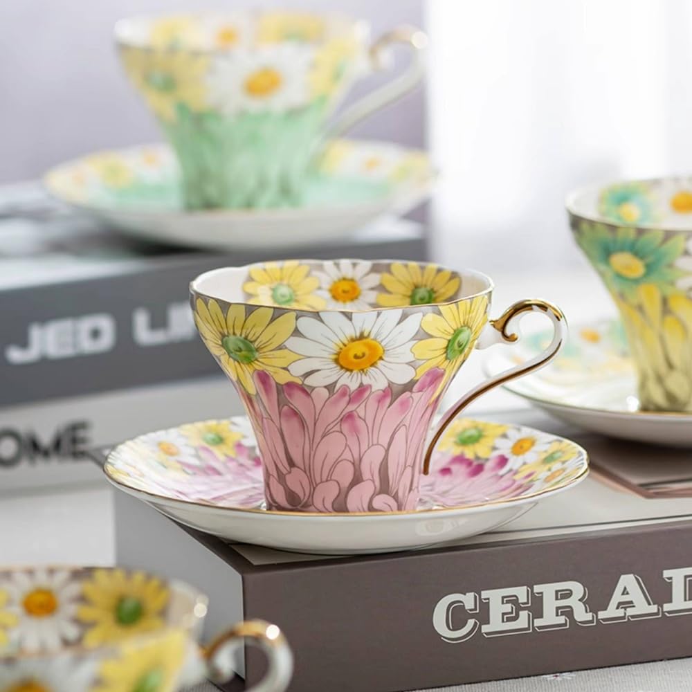 Zestaw filiżanek i spodków do herbaty z porcelany kostnej, filiżanka do kawy ze spodkiem - 2 sztuki, dla kobiet i na spotkania herbaciane
