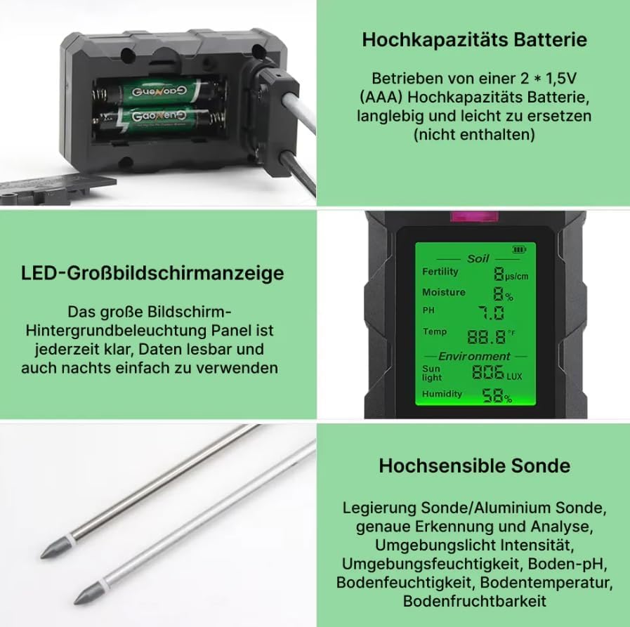 rotobest Boden feuchtigkeitsmesser Original 6-in-1 Bodenmessgerät – Digitaler pH Bodentester für Feuchtigkeit, Temperatur, Licht und Fruchtbarkeit
