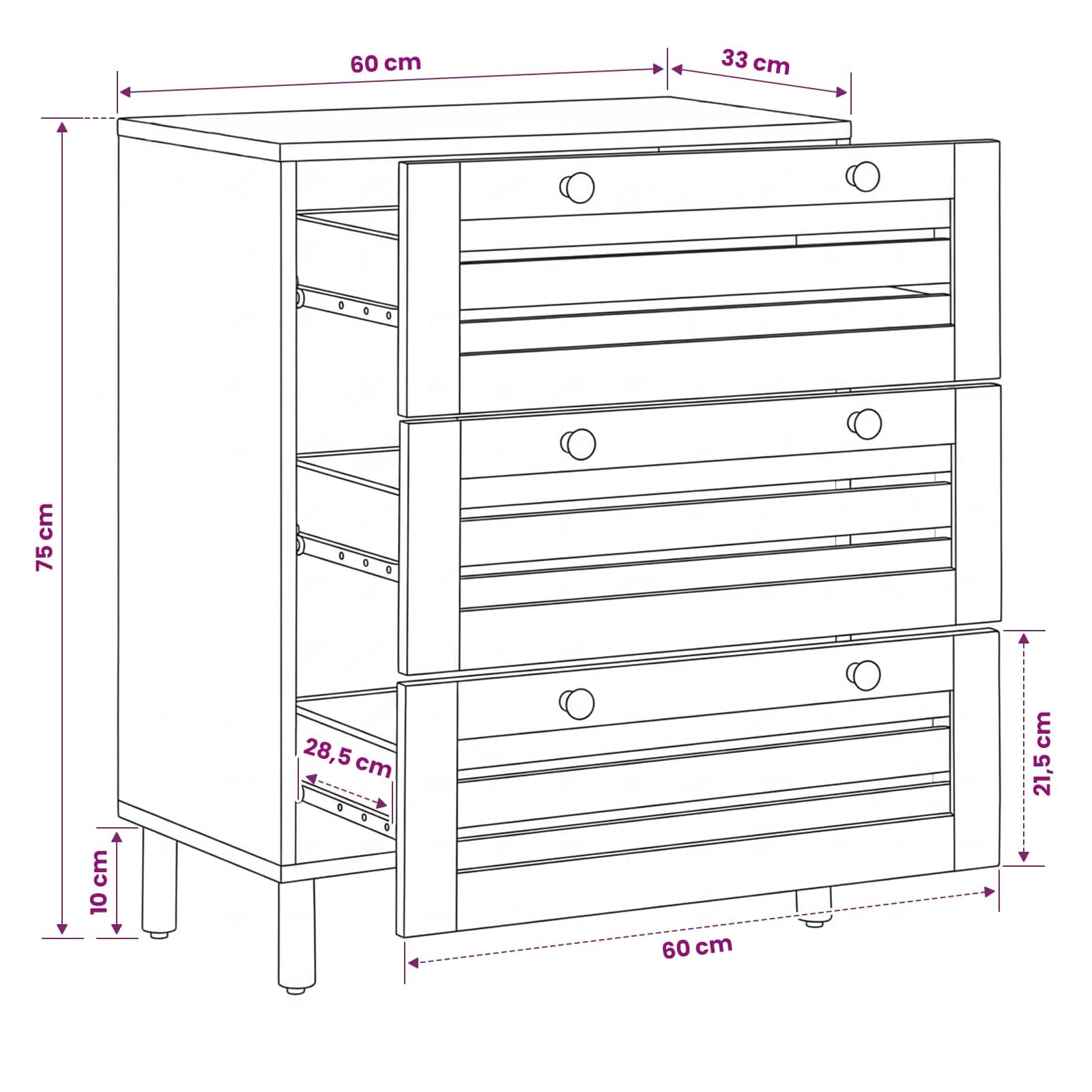 Credenza in legno massiccio di mango naturale, 60 x 33 x 75 cm