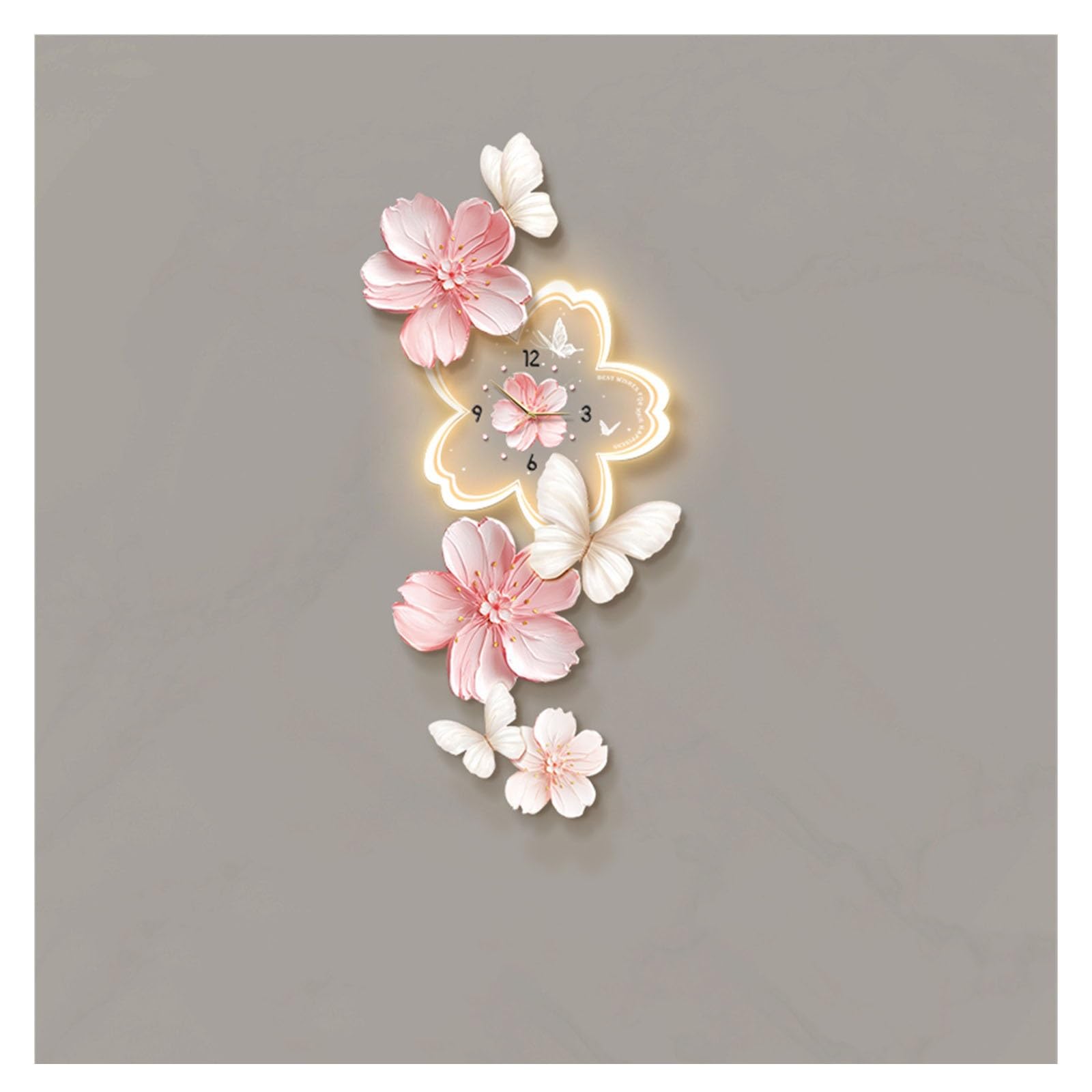 Reloj cocina Arte de pared floral con luz LED y reloj decoración silenciosa