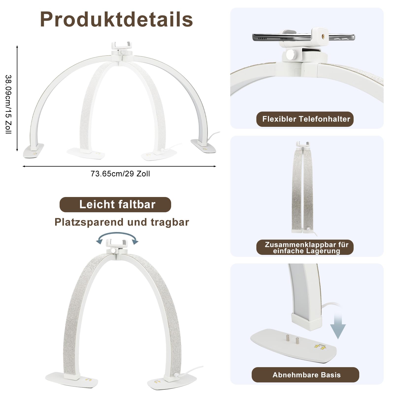 VINGVO Lampe Demi-Lune Cils Professionnel, Extension de Cils Pliable, LED 38 W à Intensité Variable, Luminosité Réglable en Trois Couleurs 3000 à 6000 K (Blanc avec des Diamants