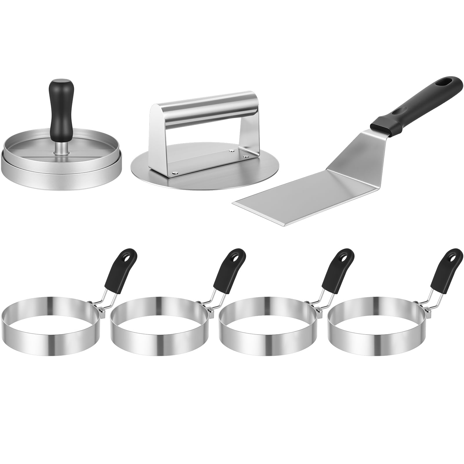 LemonRoad 7-teiliges Hamburgerpressen-Zubehör-Set: Aluminiumlegierung, Hamburgerpresse, runde Burgerform, antihaftbeschichtet, Edelstahl, Eierringe, Grillspatel, tragbare Grillwerkzeuge für Frühstück