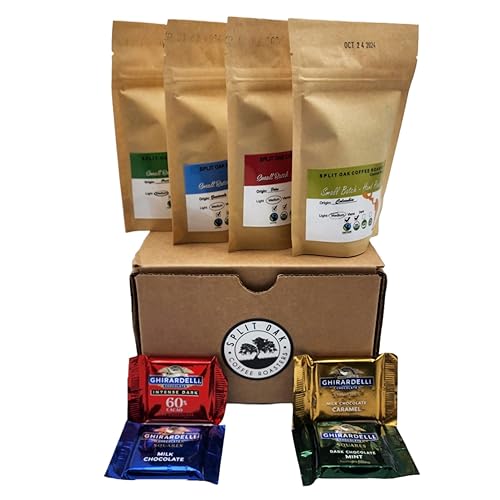 Juego de regalo de café de roble dividido, 4 cafés de tostado medio y 4 cuadrados de chocolate surtidos