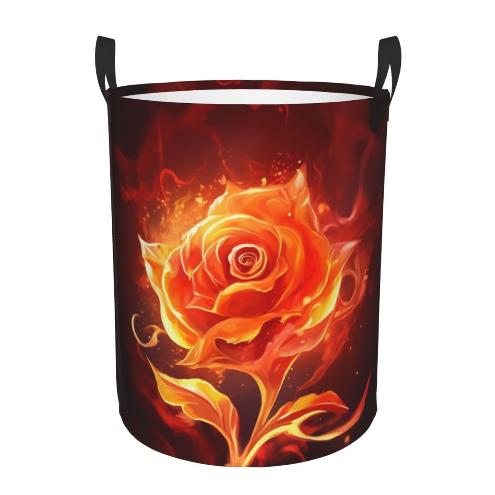 Flame rose print Circular Hamper Waterproof Storage Bin Organizer Basket Laundry Hamper With Handles For Clothes Toys Medium