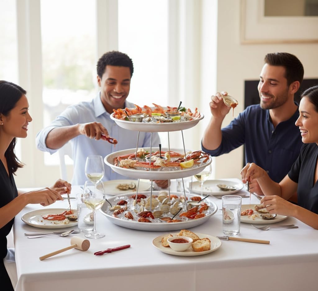 3-Tier Round Aluminum Seafood Tower Set, Silver Display Stand with Large Trays for Catering, Smooth Finish, Hand Wash