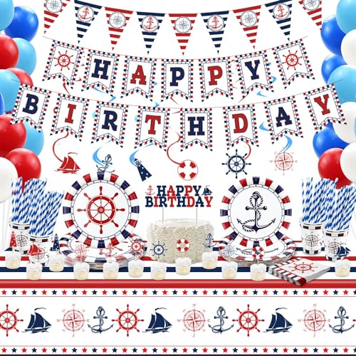Decorações de festa náutica, suprimentos de aniversário temáticos de Anckor com pratos de papel, guardanapos, toalha de mesa, balões, letreiros suspensos para aniversários temáticos náuticos, tudo a