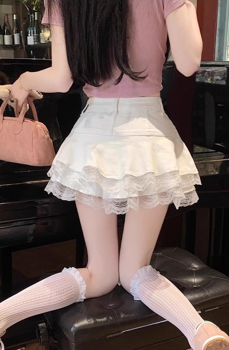 Y2K High Waist Denim Lace Mini Skirt for Women – Harajuku A-Line Ruffle Skater Skirt Kawaii Fairycore Style - Image 3