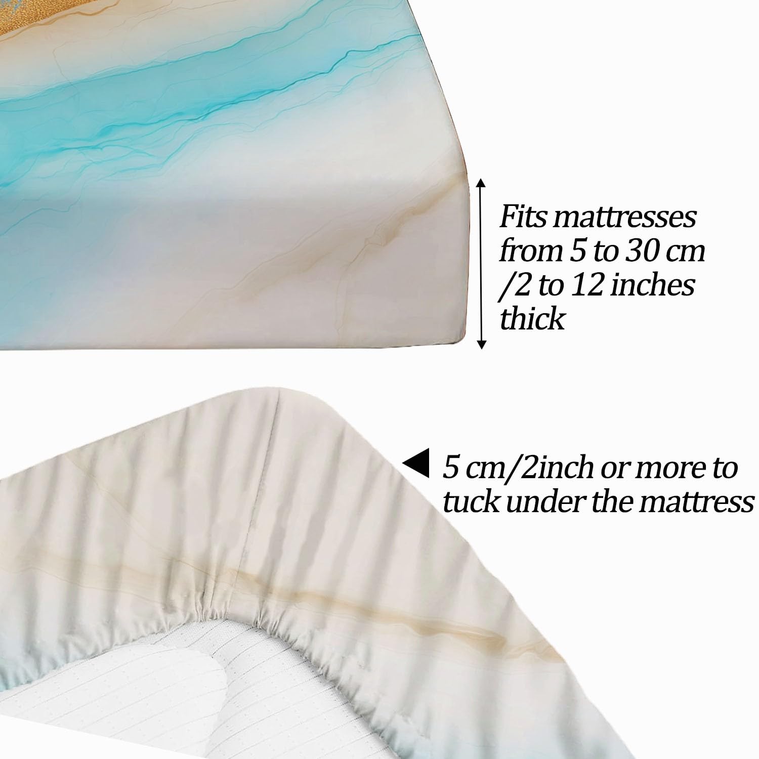 Lapis Cyan Tinte Strand Bedruckte Spannbettlaken 180 x 200 cm, Weiche Atmungsaktivem Tiefe Tasche Spannbetttuch knitterfrei bequem Marmor für Bettw Sche Matratzen bis 30 cm