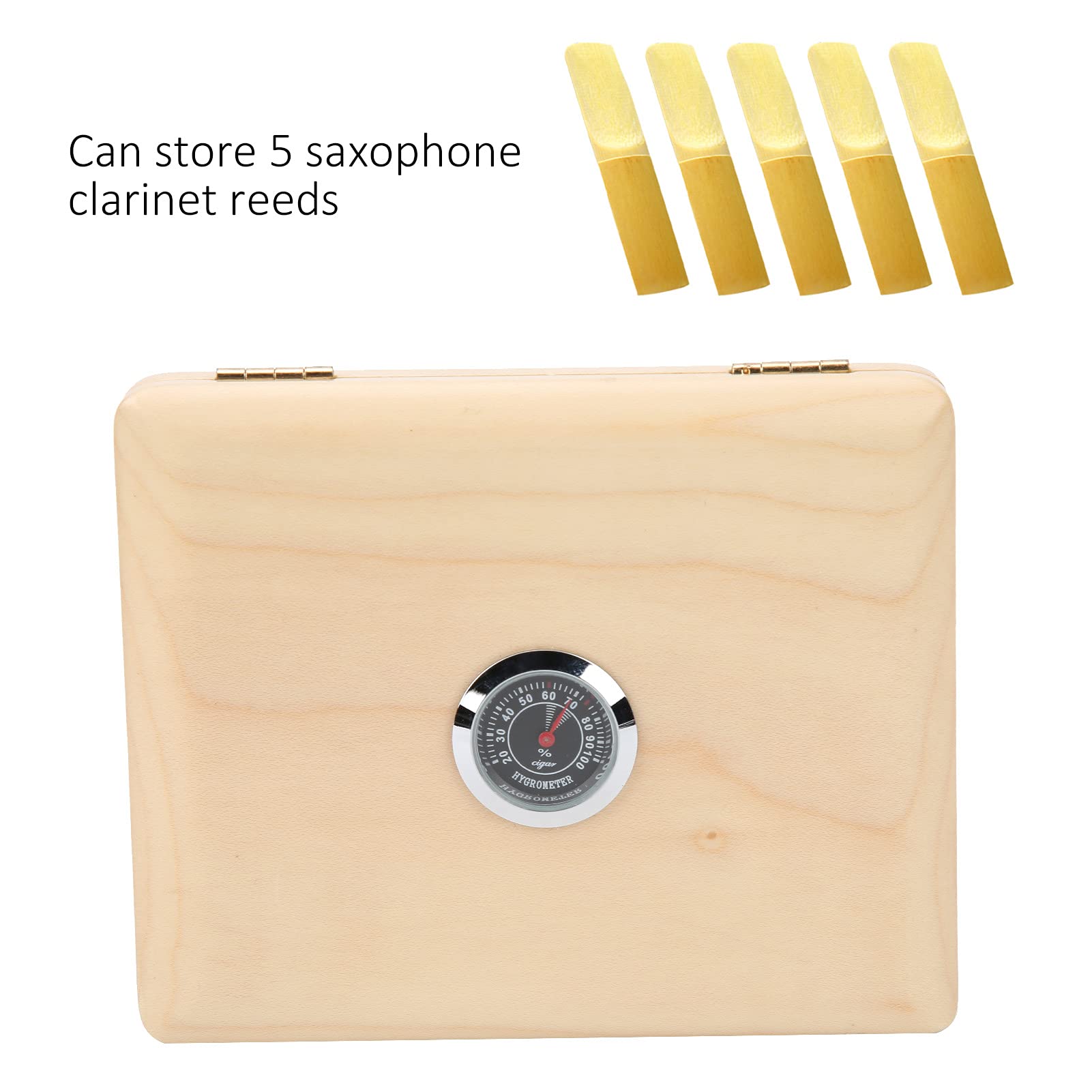 Estuche de Lengüeta, Saxofón de Madera Maciza, Clarinete, Estuche de 5 Lengüetas con Higrómetro, Accesorios de Almacenamiento de Lengüeta de Saxofón(Color madera)