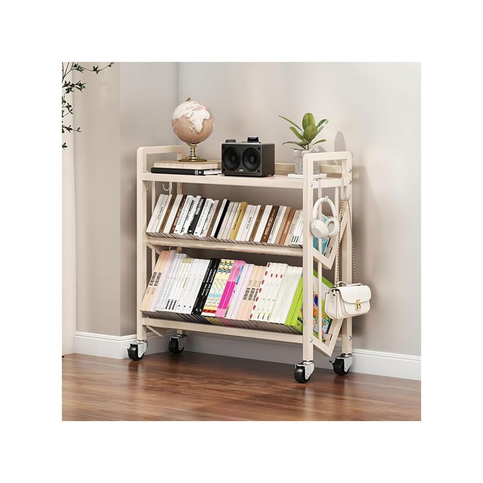 Book Carts with Wheels, Library Rolling Book Cart 2/3/4/5 Tier Movable Bookshelf Mobile Large Capacity L-Shaped Carbon Steel Organizer Rack for Office, Home, Classroom(White,3 Tiers-35.4x9.8x32.1in)
