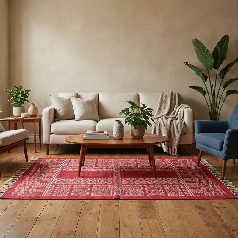Image of Peepul Tree Jaipuri Hand Block Printed Cotton Rug 3x5 Feet, Maroon | Living Room Carpet | Bedroom Floor Durrie | Soft & Durable Area Rug for Home Decor