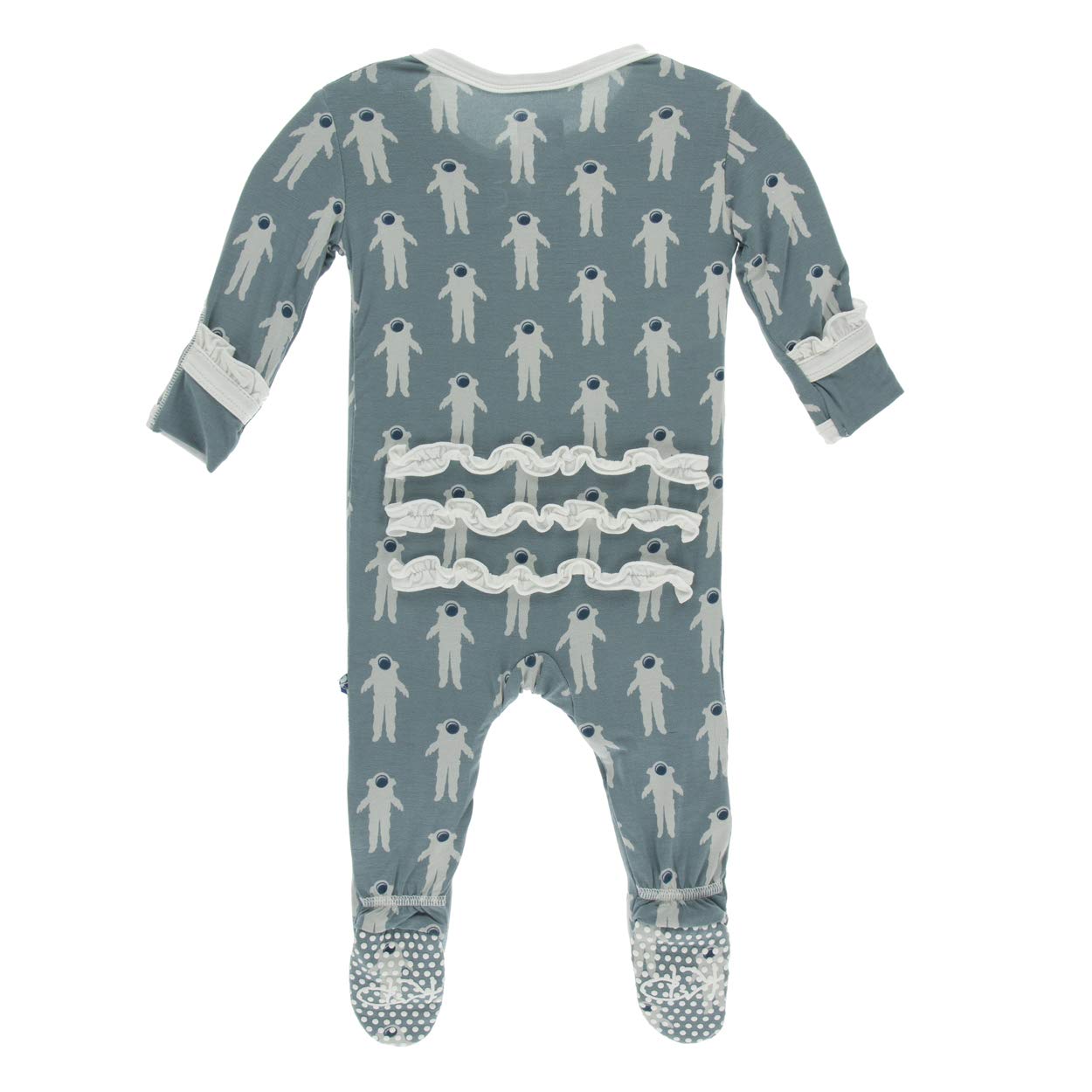 KicKee Pants Little Girls Print Classic Ruffle Footie with Zipper - Dusty Sky Astronaut, Newborn