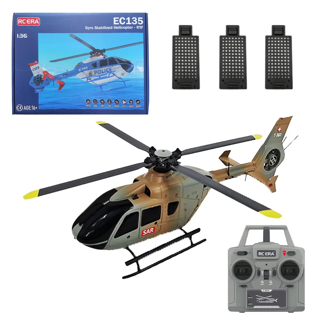 RCXTechPro RC ERA C123 RC Helicopter for Adult, 1: 36 Scale EC135 2.4G 6CH Single-Rotor Gyroscopic Remote Control Aircraft with Altitude Hold & One-key Take off/Landing -RTF / 3 Battery