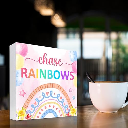 Miniatura 3 de Chase Rainbows, letrero de madera para guardería, decoración de escritorio, acuarela bohemia, globos de arco iris, caja de madera, placa, decoración