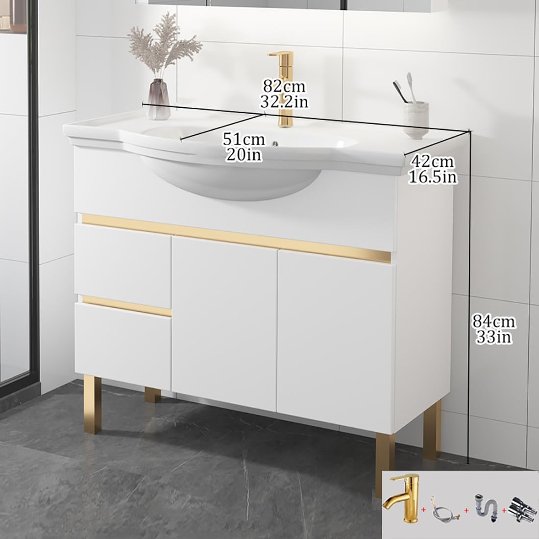 Wäscherei Waschbecken mit Kabinett, Badezimmer Eitelkeit Deluxe Keramik freistehende Utility -Handwaschstation für Zimmer, Versorgungsraum, Garage, Keller, Außen- und Innen-, Zeitgenosse, Zeitgenosse