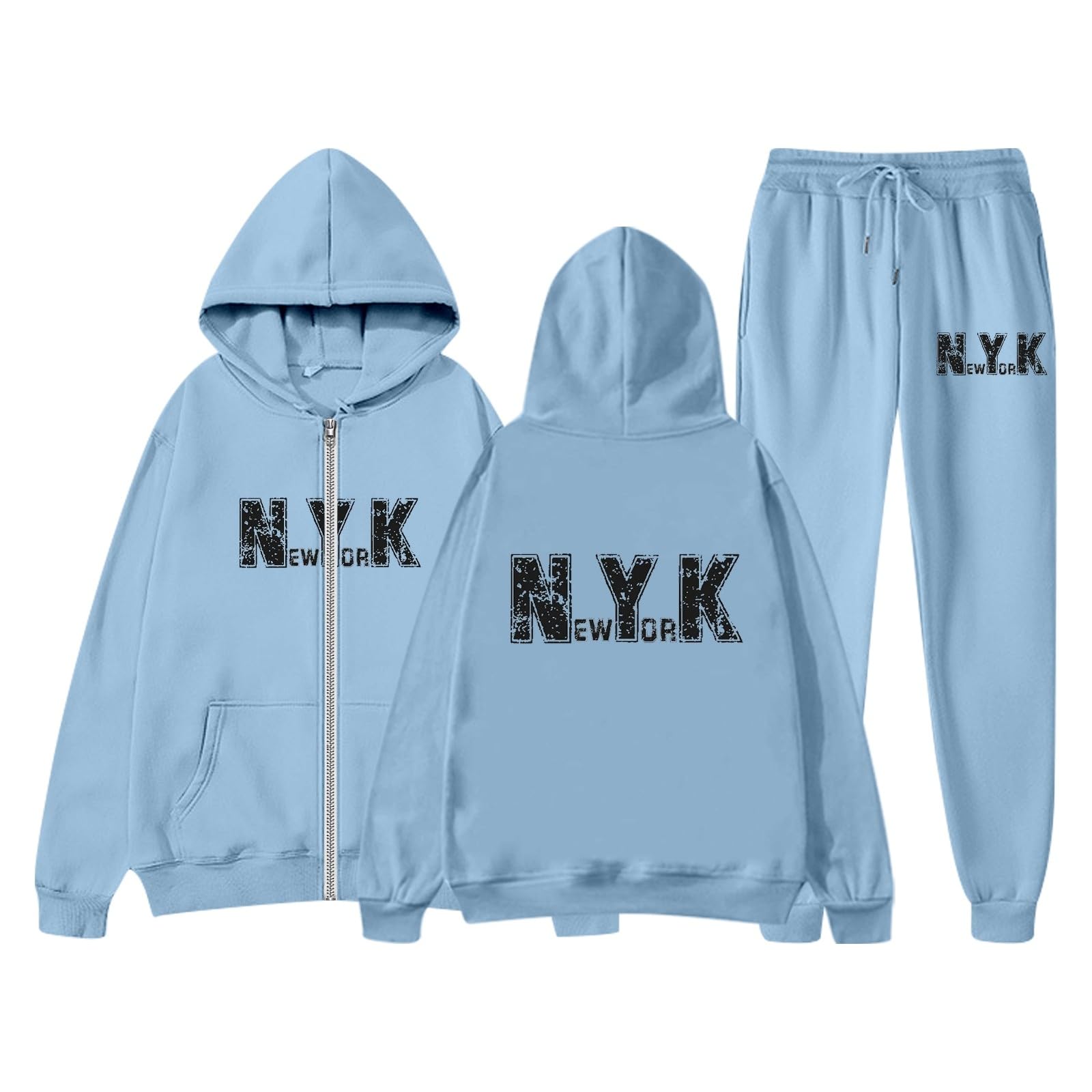 Completo tuta casual da donna con stampa di lettere, felpa con cappuccio e coulisse, pantaloni jogger, manica lunga, zip e tasche