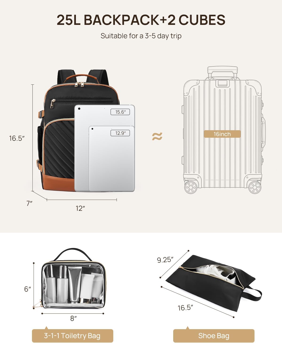 Telena Travel Backpack for Women, 15.6 inch Laptop Backpack TSA Carry on Backpack Personal Item Size Flight Approved Travel Bag Daypack with Multi-Pockets for Work, Travel, Business, Black-Brown