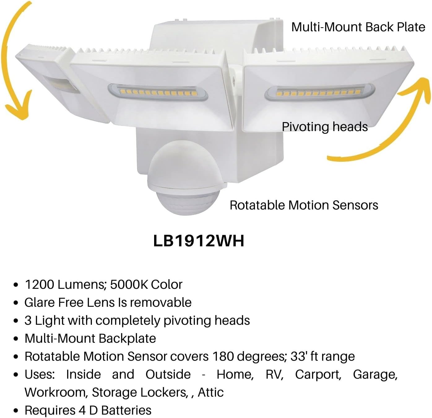 Battery-Powered Indoor Outdoor Weatherproof LED Motion Security Motion Sensor Floodlight, Eave or Wall Mount, 1200 lumens, Pivots-Rotates, Mount Anywhere 3 Light White