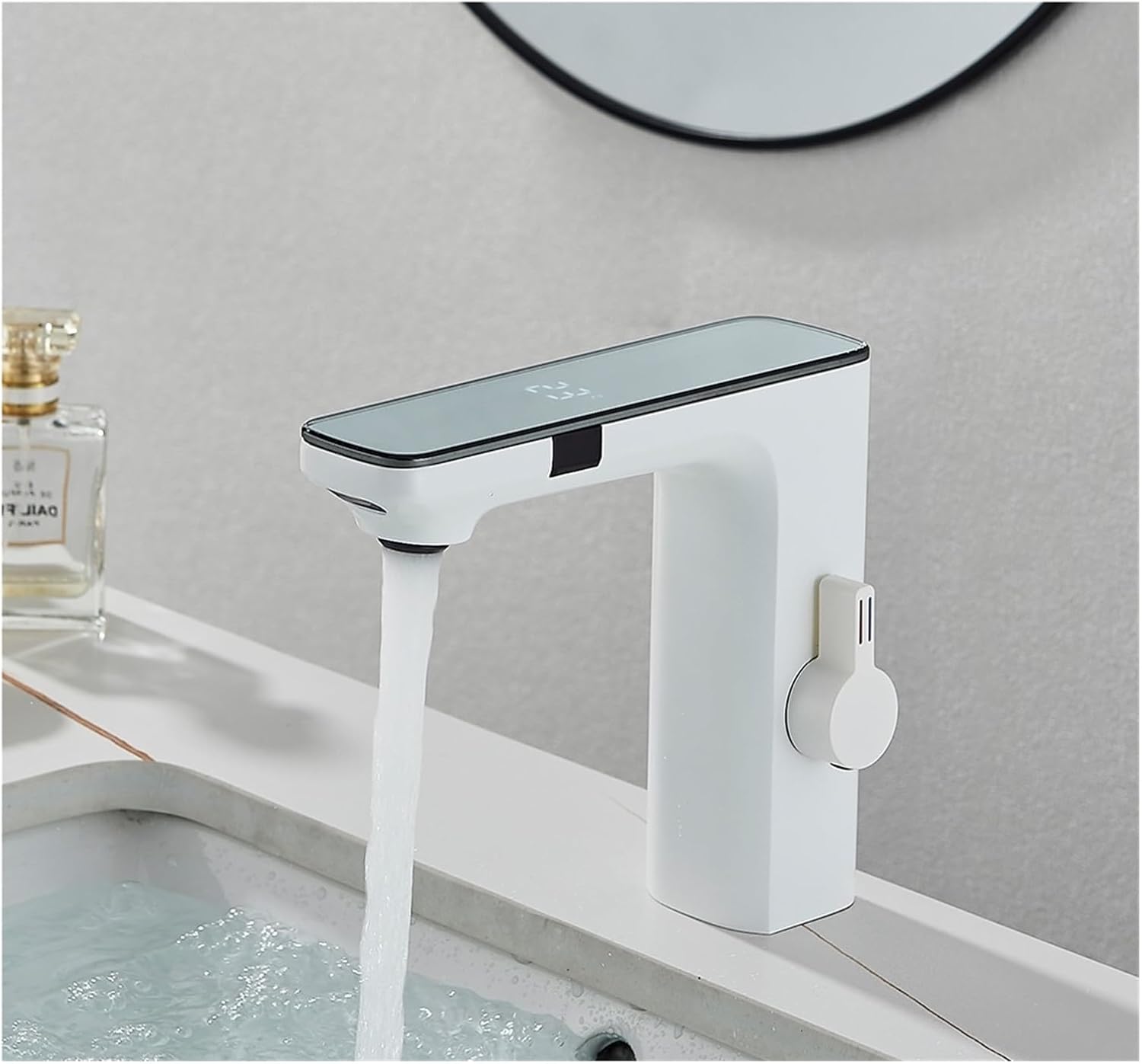 Black Gray Smart Sense Faucet Touchless Digital Display Basin Mixer Battery Power Hot Cold Mixed Water Inductive Bathroon Tap(White)