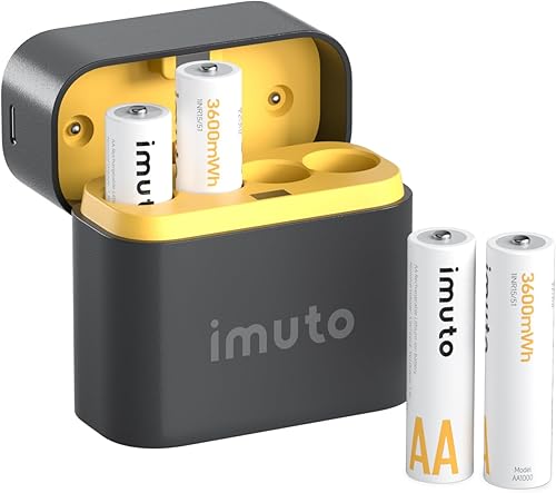 imuto Baterías recargables AA con cargador, baterías de litio AA de 3600 mWh, paquete de 4 unidades, cargador de batería de litio estilo caja de
