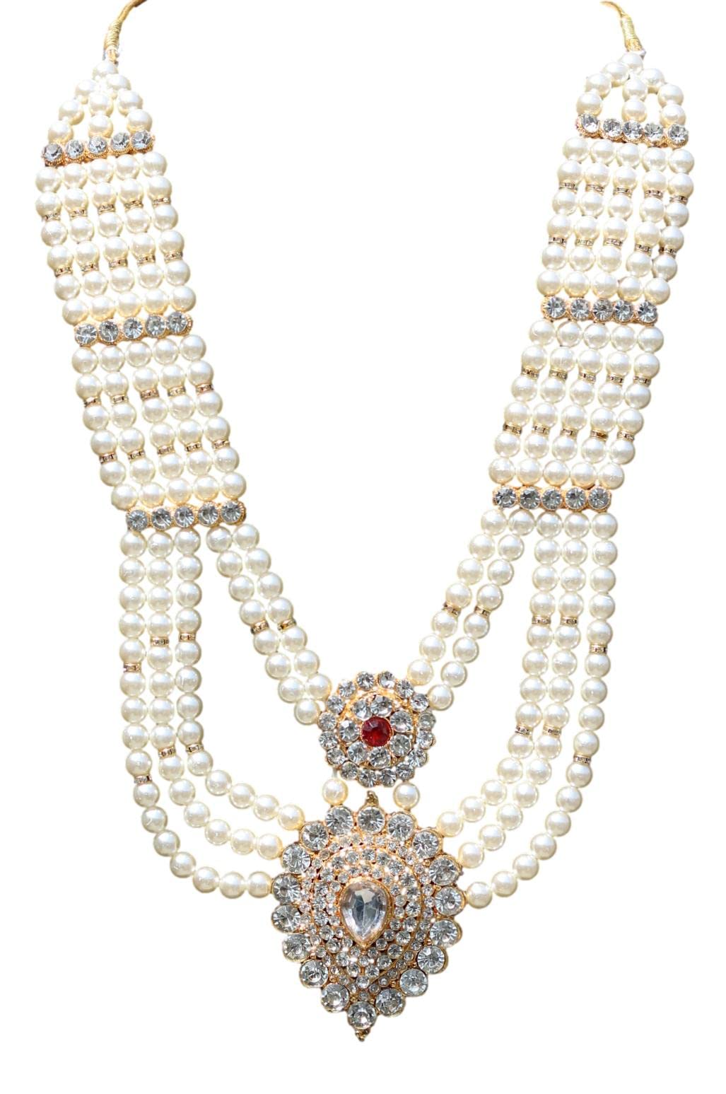 Geetanjali Crafts Handmade Pearl Stone & Studded AD (American Diamond) Necklace Jewellery For Men/Groom (Dhula Mala/Kantha Haar) Or Special Occasions.(7908) (B0831MVVG8) Amazon Price History, Amazon Price Tracker