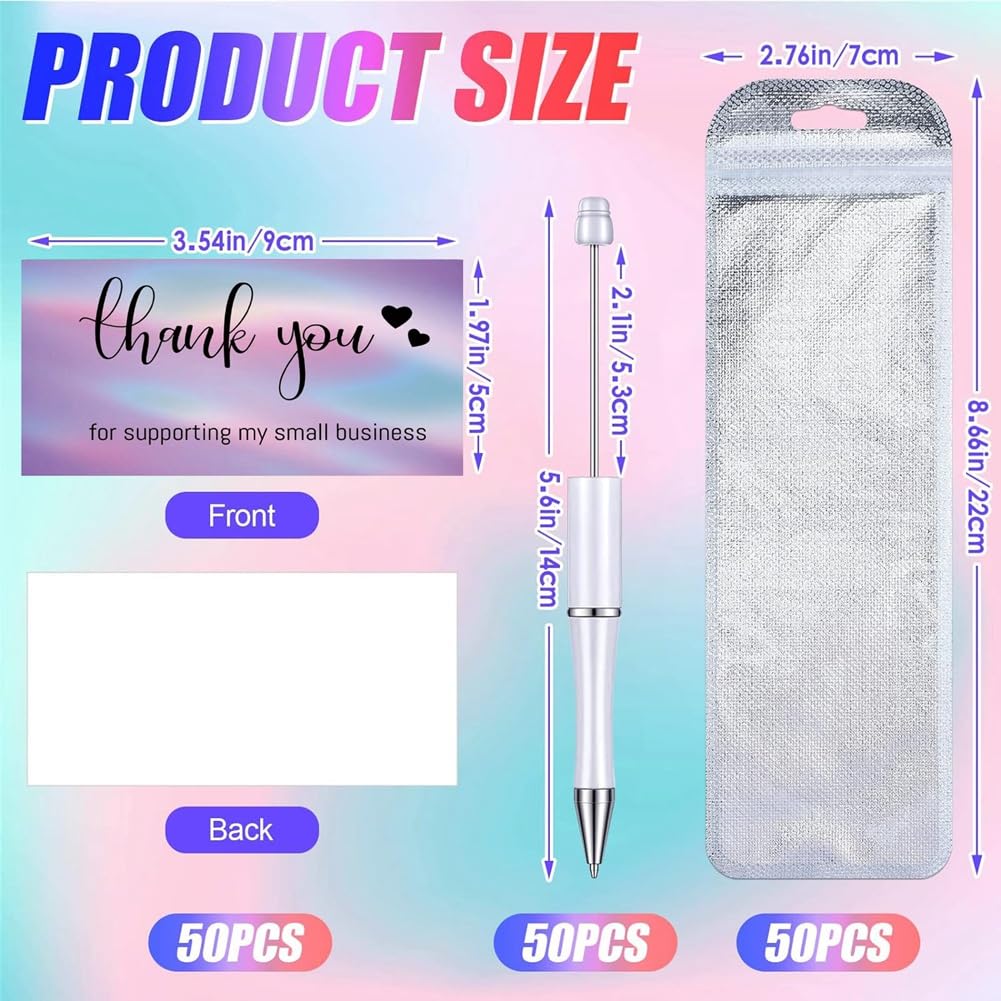 Lot de 150 stylos à perles en plastique et métal avec perles en plastique et grandes cartes de remerciement pour le bureau, l'école