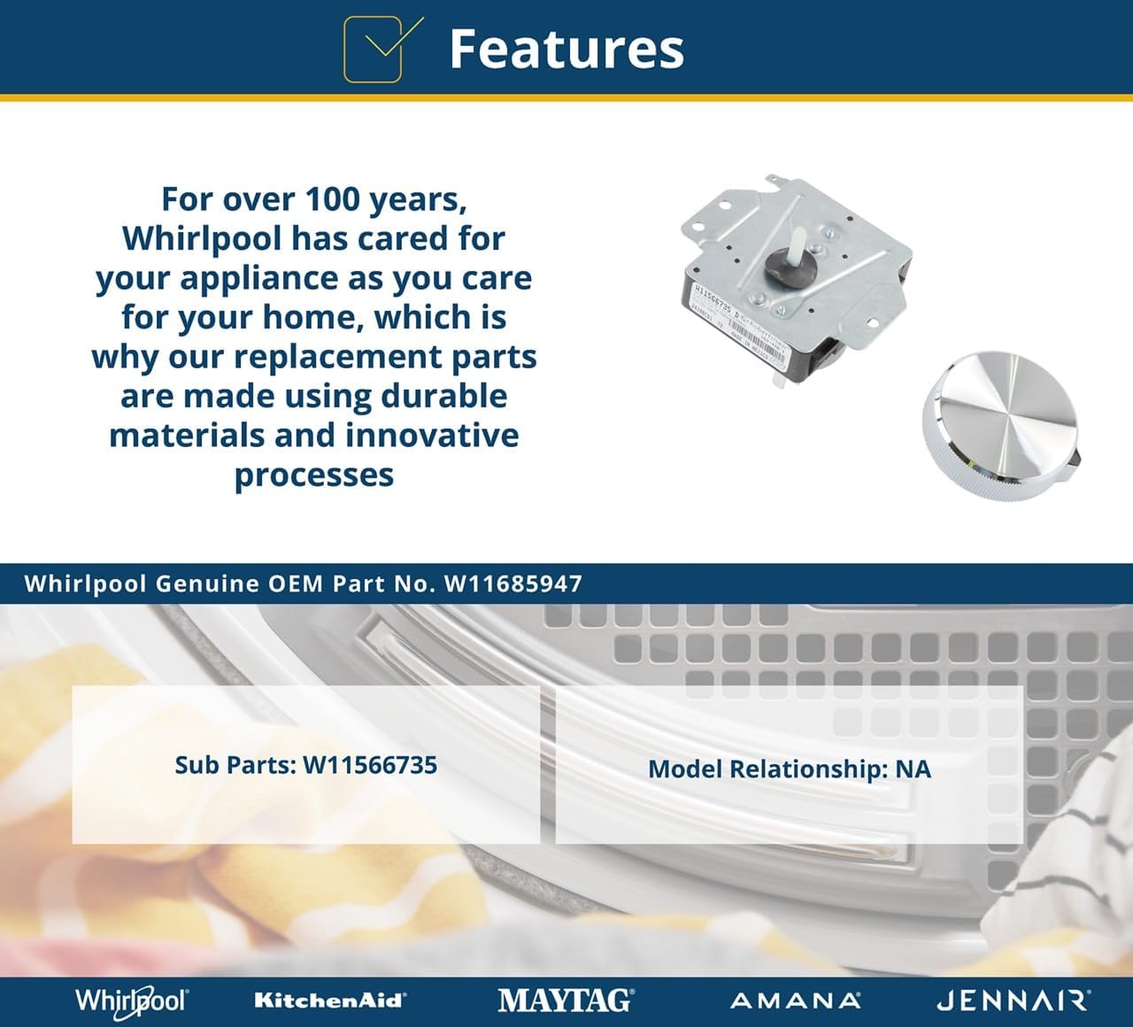 Whirlpool W11685947 Genuine OEM Dryer Timer Replacement Part - Replaces W11566735