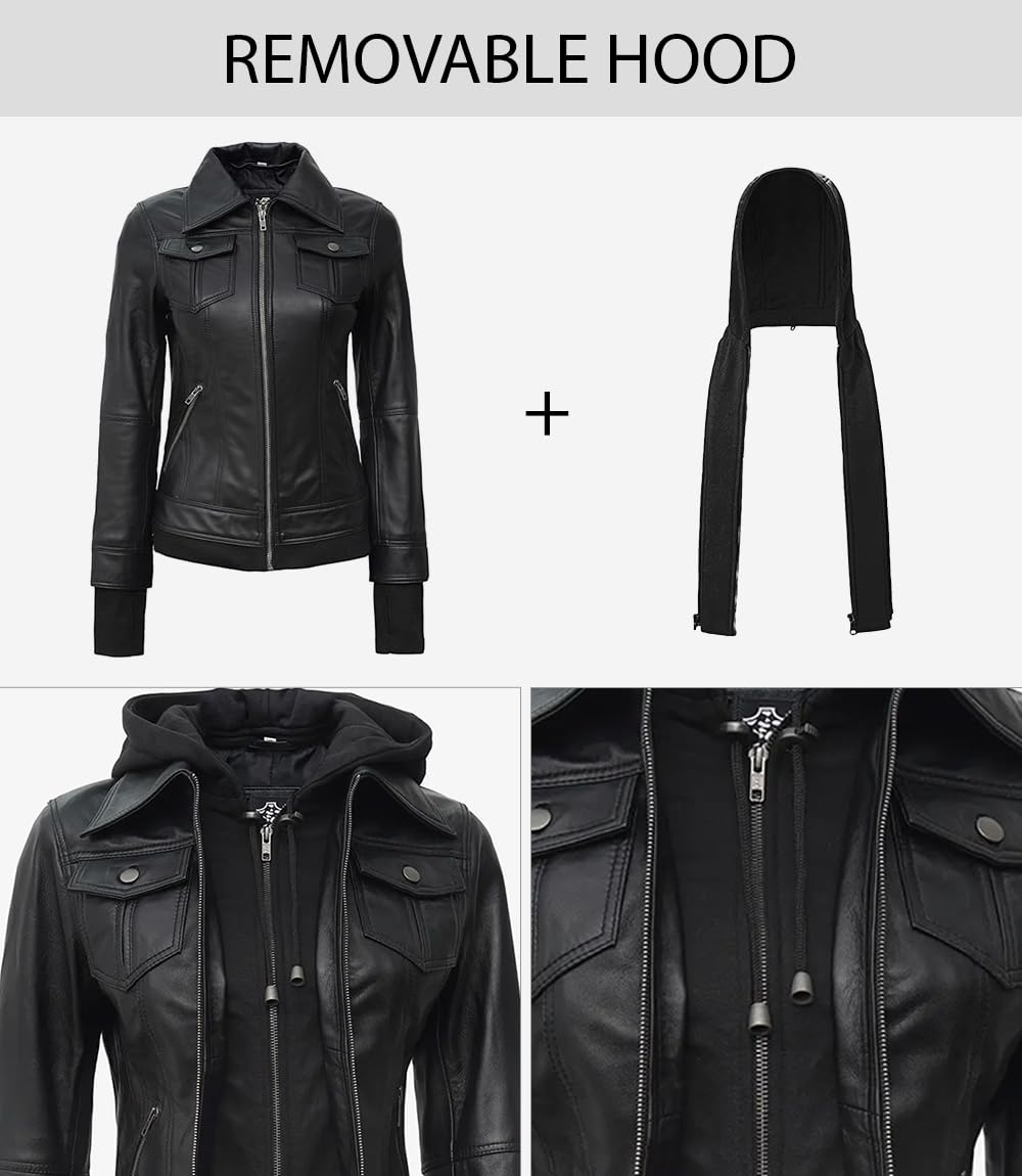 fjackets Blouson bomber à capuche en cuir d'agneau véritable pour femme avec capuche amovible