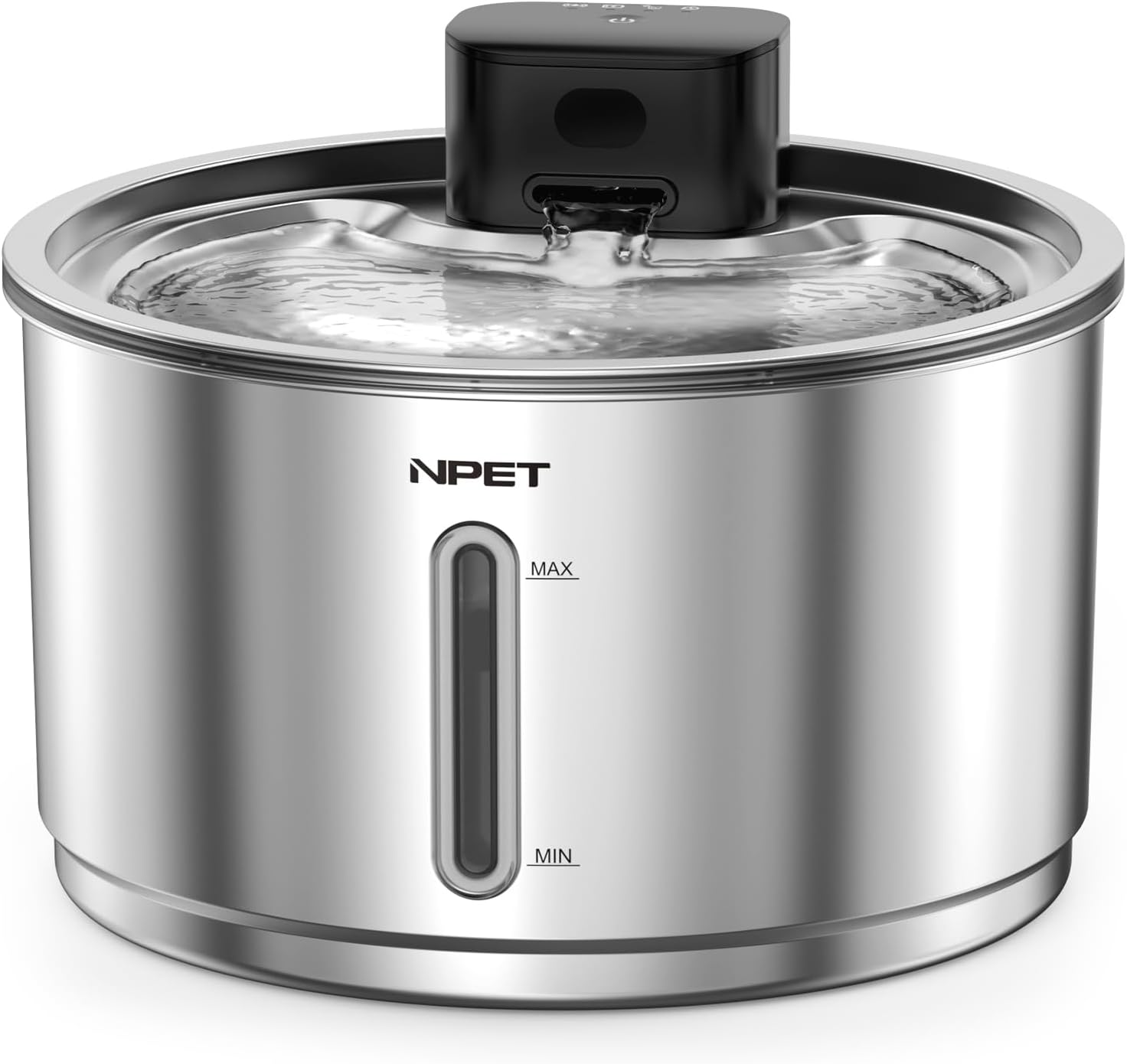 Assembled NPET Stainless Steel Wireless Pet Fountain with water flowing.