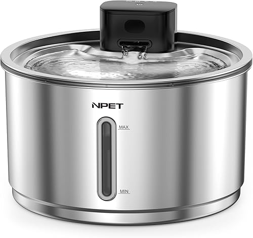 NPET Fuente inalámbrica de acero inoxidable para gatos, 1 galón135 onzas, fuente automática para beber mascotas, dispensador de agua inalámbrico