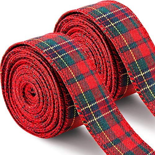 2 Rolls 20 Yards Christmas Plaid Burlap Ribbon Wired Edge Gingham Wrapping Ribbon Red and Green Plaid Ribbon for Xmas Tree Decoration DIY Floral Bows Craft Making, 1.5 Inch
