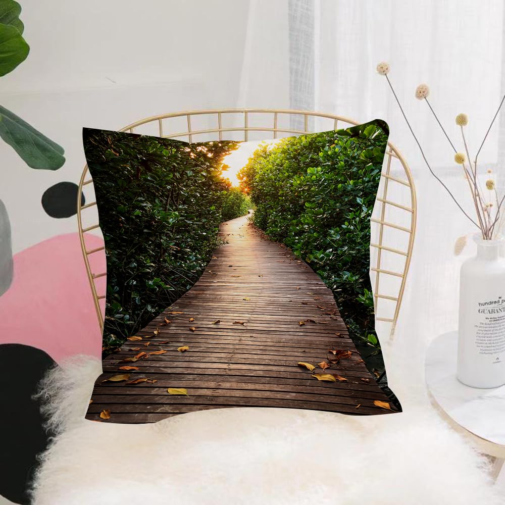HYOSXW Cushion Cover,Throw Pillow Case Home Decorative for Living Room Bedroom Sofa Chair 16X16 Inch,Boardwalk in Mangrove Forest Sunlight Tunnel Sunset Autumn Golden Leaves,Pillowcase 40X40cm