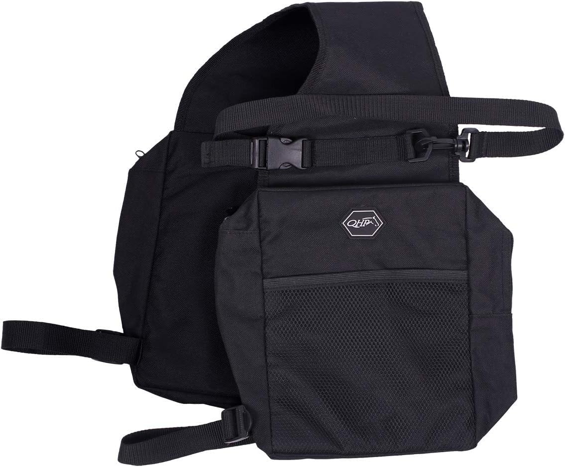 Horse Double Saddle Bag with zipper pocket for saddle Ajustable Loops Black