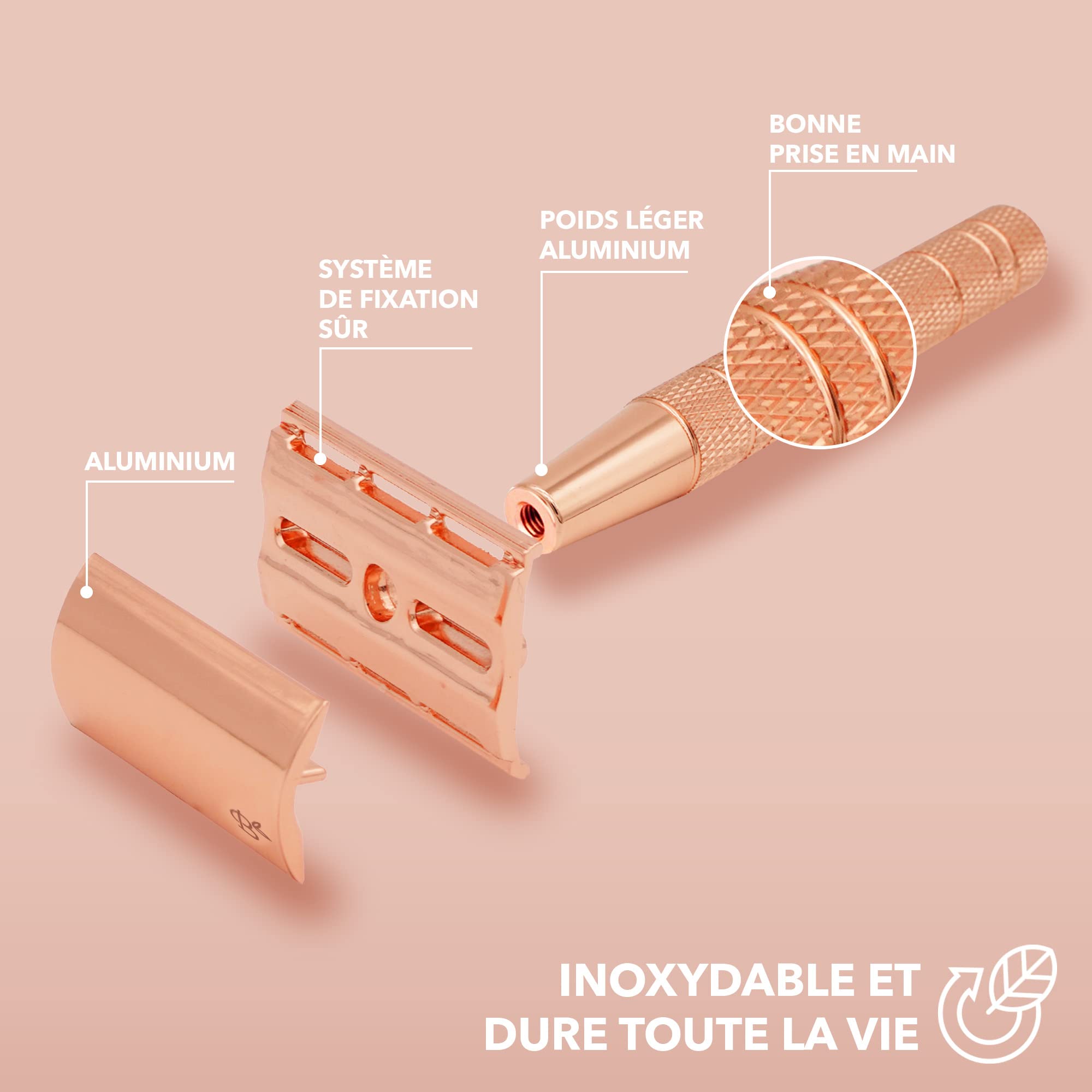 Kit de Rasage Femme Or Rose Aluminium - 20 Lames - Blaireau - Savon à Raser