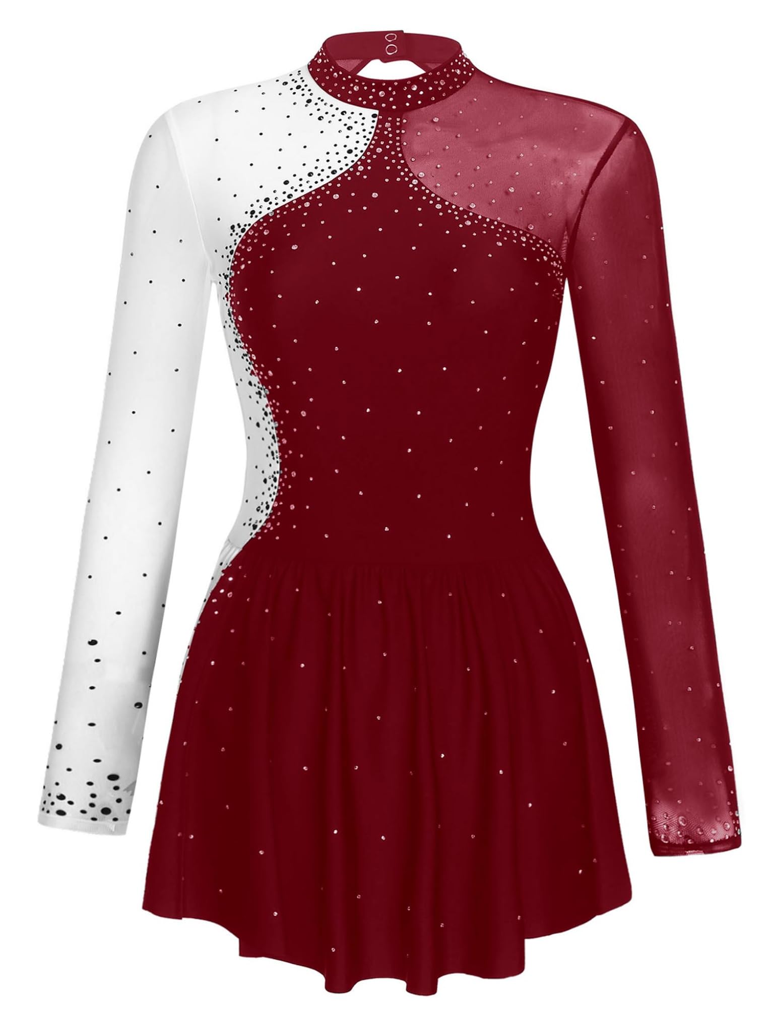 TTAO Vestido de patinaje artístico para mujer, con diamantes de imitación, manga larga, malla, patchwork, maillot con patinaje artístico, medias de patinaje sobre hielo, ropa de competición