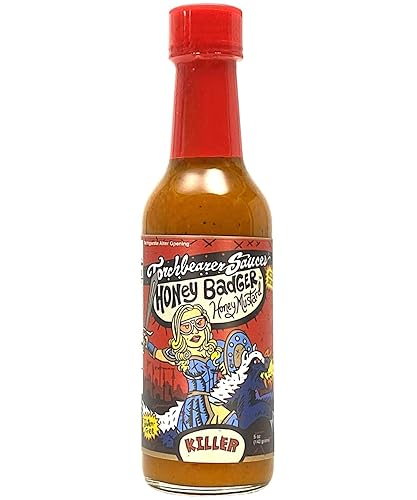 Salsa de tejón de miel de Torchbearer Sauces, salsa picante picante con sabores de pimienta escorpión, pimienta Carolina Reaper y semillas de